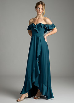 Azazie Lyra Bridesmaid Dresses Ink Blue A-Line Off the Shoulder Stretch Satin Convertible Dress image7