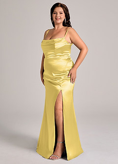 Azazie Saige Bridesmaid Dresses Canary Sheath Off the Shoulder Metallic Satin Convertible Dress image6