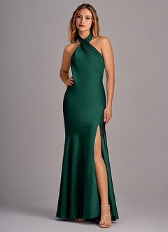 Azazie Lorena Bridesmaid Dresses Emerald Mermaid Pleated Stretch Satin Dress image1