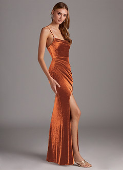 Azazie Kindness Vestidos de damas de honor Vestido de Naranja Quemada de terciopelo de Corte Recto con Cuello V Corsé image4