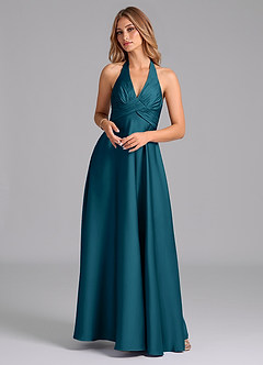 Azazie Tessie Bridesmaid Dresses Ink Blue A-Line Pleated Stretch Satin Dress image1