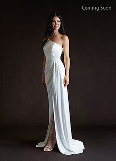 Azazie Tipton At-home Try On Dresses Diamond White Sheath One Shoulder Crepe Back Satin Dress image3