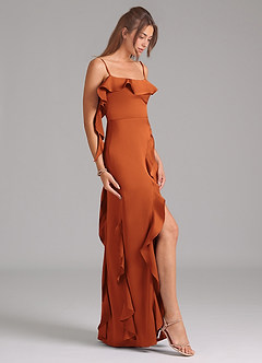 Azazie Malia Bridesmaid Dresses Cinnamon A-Line Side Slit Stretch Satin Dress image5