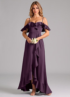 Azazie Lyra Bridesmaid Dresses Plum A-Line Off the Shoulder Stretch Satin Convertible Dress image5
