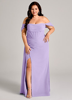 Azazie Amyra Bridesmaid Dresses Lilac Sheath Off the Shoulder Chiffon Convertible Dress image12