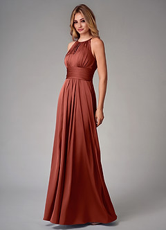 Azazie Bonnie Bridesmaid Dresses Terracotta A-Line Pleated Stretch Satin Dress image3