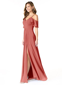 Azazie Dakota Vestidos de damas de honor Vestido de Rosa Antigua de Gasa de Línea A con Cuello en V plisado image3