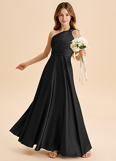 Azazie Charlize Junior Vestido de Negro de Satén Elástico de Corte en A con Plisado image4