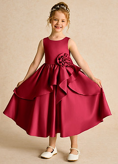 Azazie Hermia Blumenmädchenkleider A-Linie ärmellos Matte Satin Kleid Scharlachrot image1