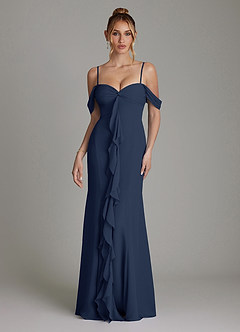 Azazie Karmela Bridesmaid Dresses Dark Navy A-Line Off the Shoulder Chiffon Dress image4