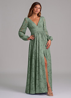 Azazie Norah Bridesmaid Dresses Matcha A-Line Long Sleeve Floral Burnout Dress image4