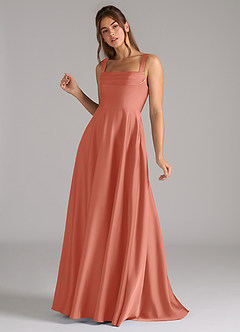Azazie Shaude Bridesmaid Dresses Salmon Pink A-Line Pleated Stretch Satin Dress image5