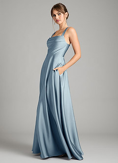 Azazie Shaude Vestidos de damas de honor Vestido de Azul Polvoriento de Satén Elástico de Corte en A con Plisado image4