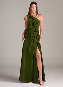 Azazie Brooke Bridesmaid Dresses Olive A-Line One Shoulder Velvet Dress image1