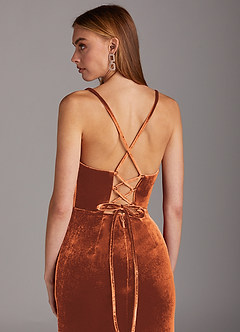 Azazie Kindness Vestidos de damas de honor Vestido de Naranja Quemada de terciopelo de Corte Recto con Cuello V Corsé image5