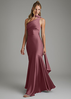 Azazie Amara Bridesmaid Dresses Desert Rose Mermaid One Shoulder Stretch Satin Dress image5