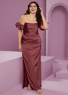 Barbie ♥ Azazie Bridesmaid Dresses Merlot Sheath Off the Shoulder Stretch Satin Convertible Dress image12