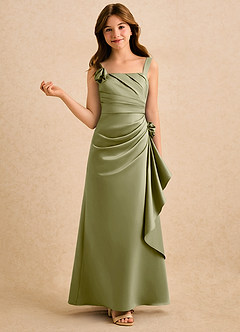 Azazie Ciara Girls Formal vestidos de niña de las flores Vestido de Musgo Verde de Satin Mate de Corte en A con Plisado image1