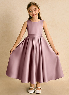 Azazie Junebuj vestidos de niña de las flores Vestido de Rosa Polvorienta de Satin Mate de Princesa con Plisado image4
