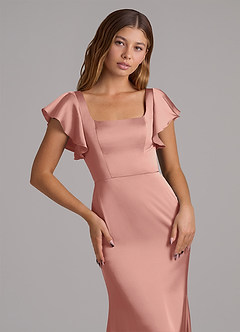 Azazie Elkie Jurken voor bruidsmeisjes Jurk van Stretch Satijn met Zeemeermin Vierkante halslijn Rozet image6