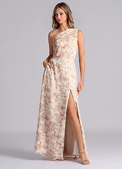 Azazie Phaedra Bridesmaid Dresses Pink Fern Floral A-Line One Shoulder Chiffon Dress image3