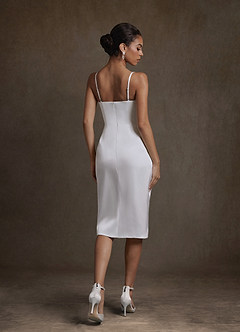 Azazie Katiya Wedding Dresses Diamond White Sheath Cowl Neckline Pleated Stretch Satin Dress image2