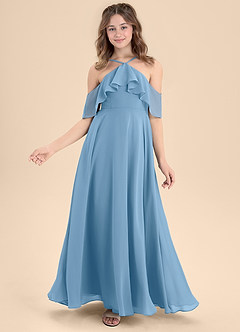 Azazie Tessabelle Junior Vestido de Azul Acero de Gasa de Corte En A con Vestidos sin tirantes image6