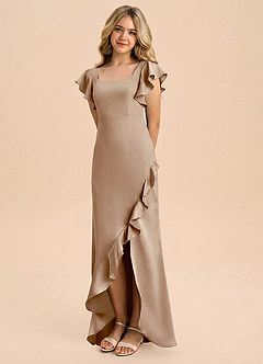 Azazie Demi Junior Taupe Mermaid Bow Stretch Satin Dress image1