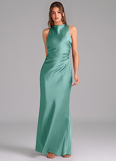 Azazie Evadne Bridesmaid Dresses Aqua A-Line Pleated Stretch Satin Dress image3