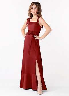 Azazie Barbara Junior Pomegranate A-Line Bow Stretch Satin Dress image1