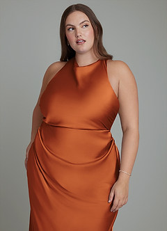 Azazie Evadne Bridesmaid Dresses Cinnamon Sheath Pleated Stretch Satin Dress image9
