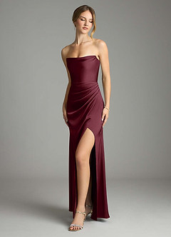 Azazie Leonis Bridesmaid Dresses Cabernet Mermaid Pleated Stretch Satin Convertible Dress image1