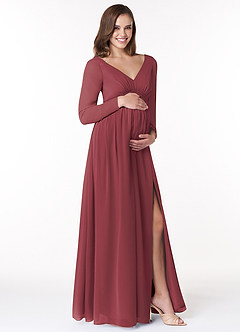 Azazie Teton Brautjungfernkleider für Schwangere A-Linie Langarm Chiffon Bodenlänge Kleid image4