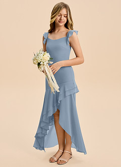 Azazie Junie Junior Dusty Blue A-Line Ruched Chiffon Dress image3
