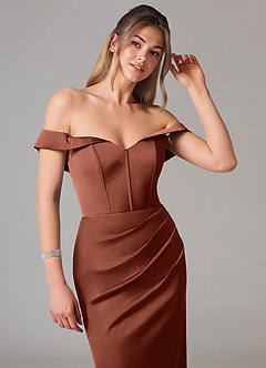 Azazie Everly Robes de demoiselle d'honneur Robe Sirène Convertible en Satin extensible Épaule décolletée Argile image7