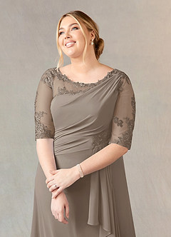 Azazie Dionysus Mother of the Bride Dresses Taupe A-Line Boatneck Lace Chiffon Dress image10