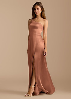 Azazie Trina Bridesmaid Dresses Bronzer A-Line One Shoulder Metallic Satin Dress image1