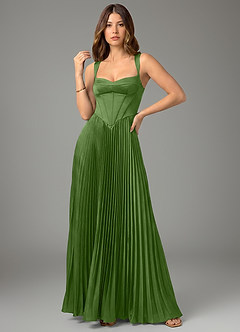 Azazie Avenelle At-home Try On Dresses Dark Green A-Line Corset Stretch Satin Dress image4