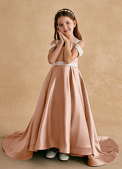 Azazie Jodi Robe Demoiselle D'honneur Fillette Robe Trapèze en Mat Satiné Champagne Rosé image5