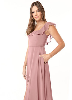 Azazie Jinny Brautjungfernkleider A-Linie Quadratischer Ausschnitt Gerüscht Chiffon Kleid Altrosa image9