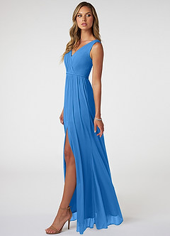 Azazie Tanicia Bridesmaid Dresses Blue Jay A-Line V-Neck Pleated Mesh Dress image3