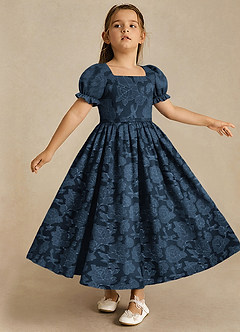 Azazie Joss Flower Girl Dresses Dark Navy A-Line with Sleeves Floral Burnout Dress image3
