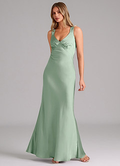 Azazie Kamila Bridesmaid Dresses Agave A-Line Pleated Stretch Satin Dress image3