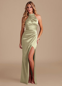Azazie Jemma Bridesmaid Dresses Moss Green Sheath Pleated Metallic Satin Dress image1