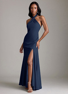 Azazie Lorena Bridesmaid Dresses Dark Navy Mermaid Pleated Chiffon Dress image4