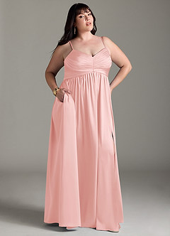 Azazie Alia Bridesmaid Dresses Powder Pink A-Line Pleated Stretch Satin Dress image7