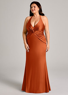 Azazie Valerie Brudtärnklänningar Klä av Sjöjungfru i Stretch Satin Plisserad Bränd Apelsin image5