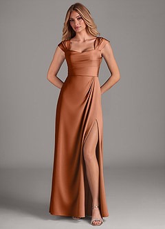 Azazie Laila Bridesmaid Dresses Copper A-Line Pleated Stretch Satin Dress image4