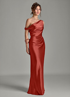 Azazie Emerson Bridesmaid Dresses Rust Mermaid Off the Shoulder Metallic Satin Dress image5