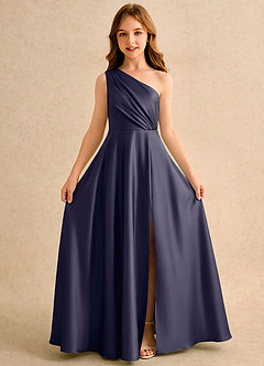 Azazie Puddles Girls Formal Robe Demoiselle D'honneur Fillette Robe Trapèze en Satin extensible Une épaule Bleu Orageux image5